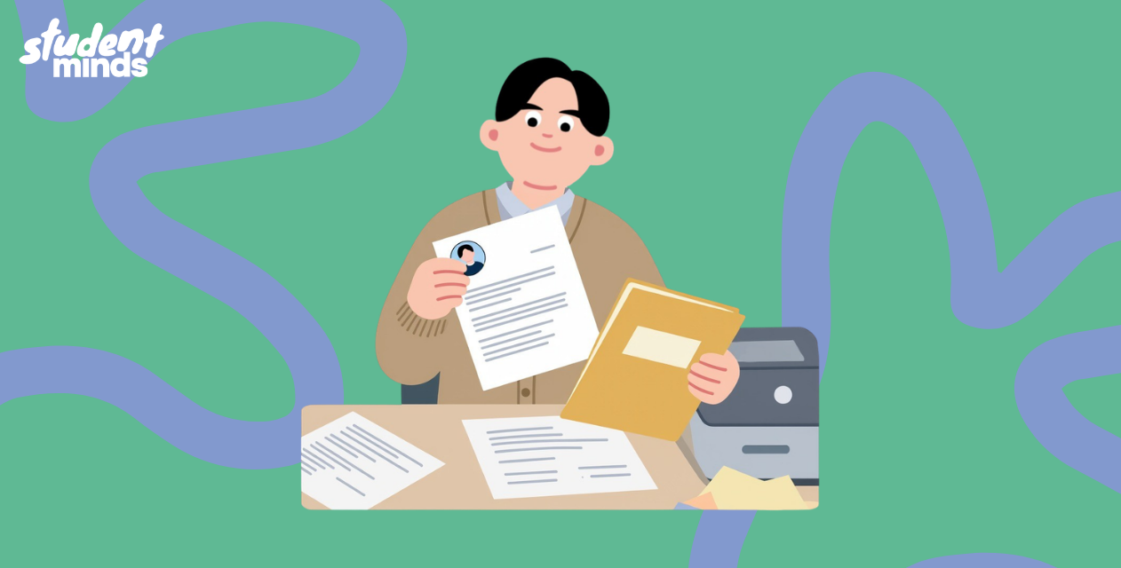 Male sat at a desk looking at papers